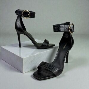 Express Black Croc Embossed Ankle Strap Stiletto Heels – Size 10